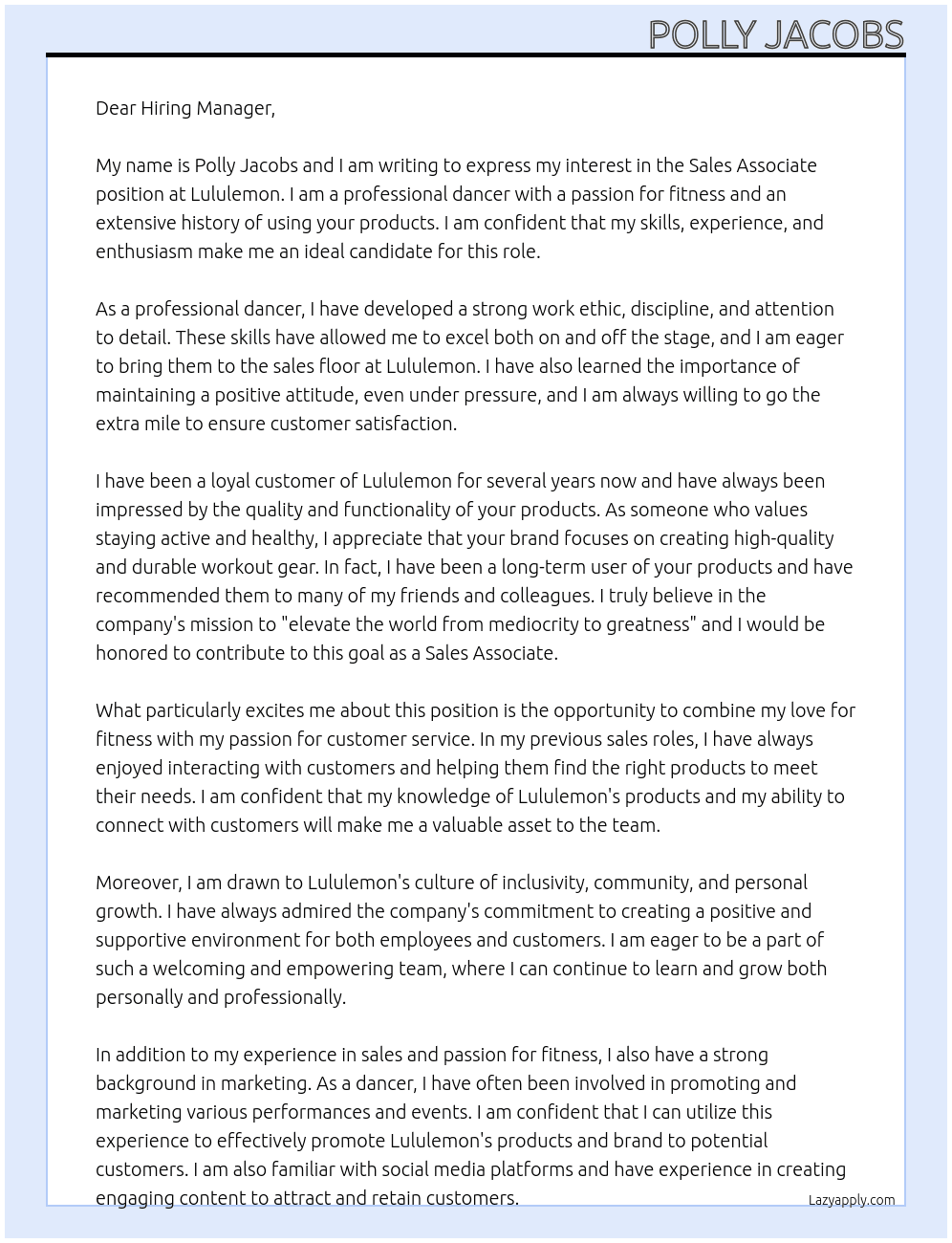 Sales associate At Lululemon Cover Letter