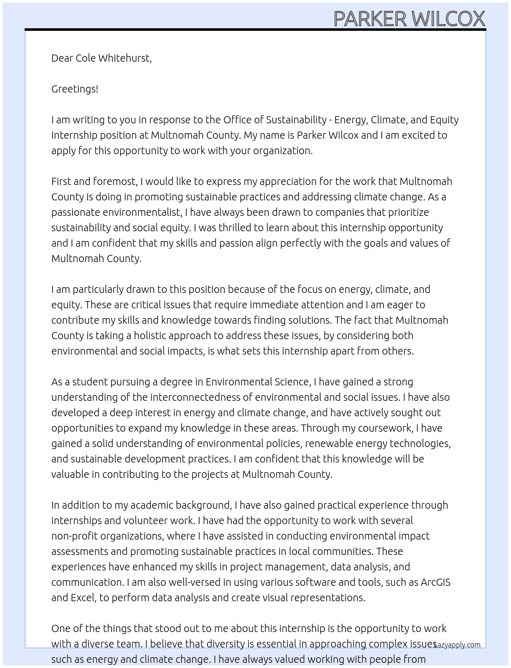 Office of Sustainability - Energy, Climate, and Equity Internship At Multnomah County Cover Letter