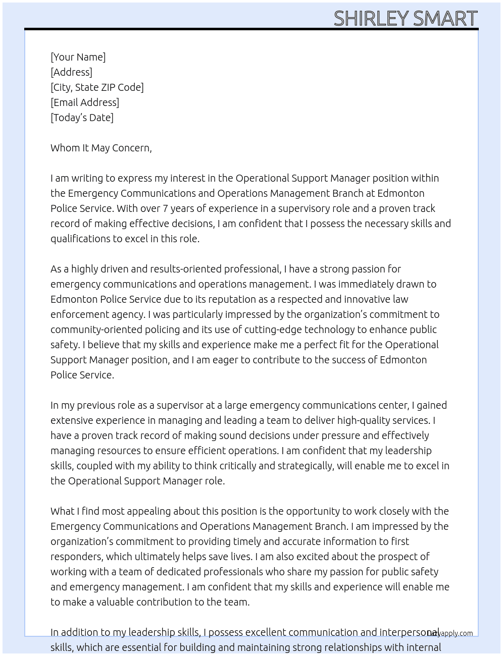  Operational Support Manager, Emergency Communications and Operations Management Branch   At Edmonton Police Service Cover Letter