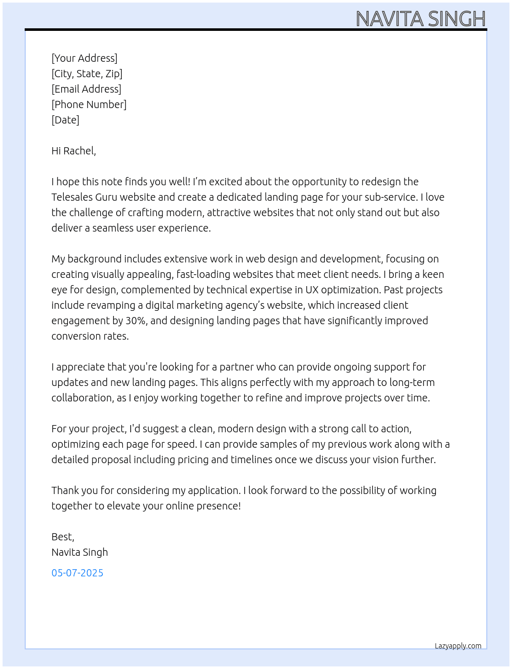 Cover letter for need this website redone: https://telesales.guru/  will also need a separate landing page for one of our sub- services.  we are looking for:  -modern, attractive -something that stands out a bit -fast  will likely need ongoing support for building new landing pages, updates, and ux optimization.  please provide examples of past works, suggestions for our website, price, and timeline.  please do not contact us outside of upwork. - LazyApply