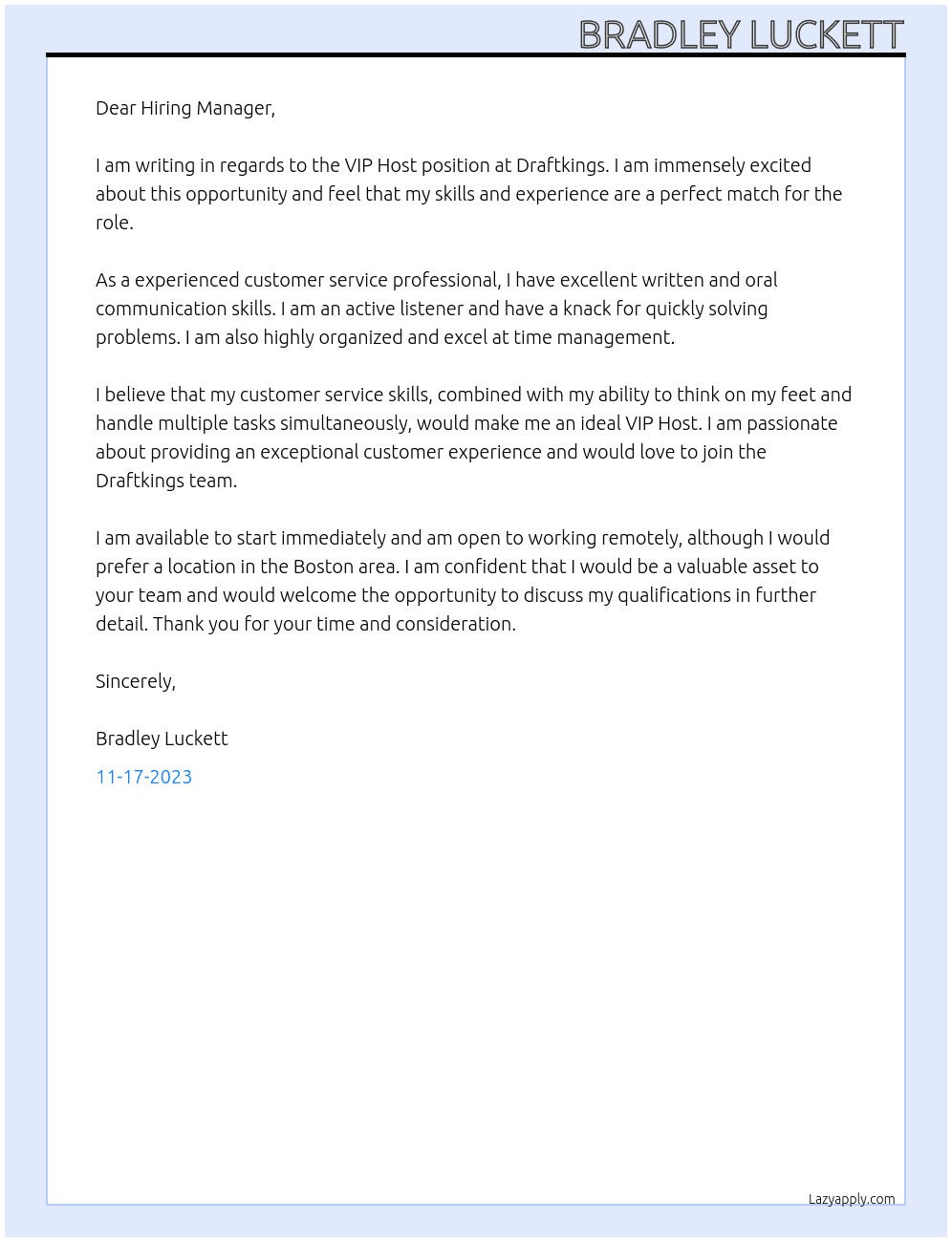 VIP Host At Draftkings Cover Letter