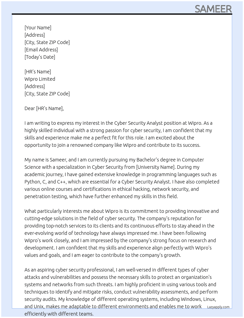 Cyber Security Analyst  At wipro Cover Letter