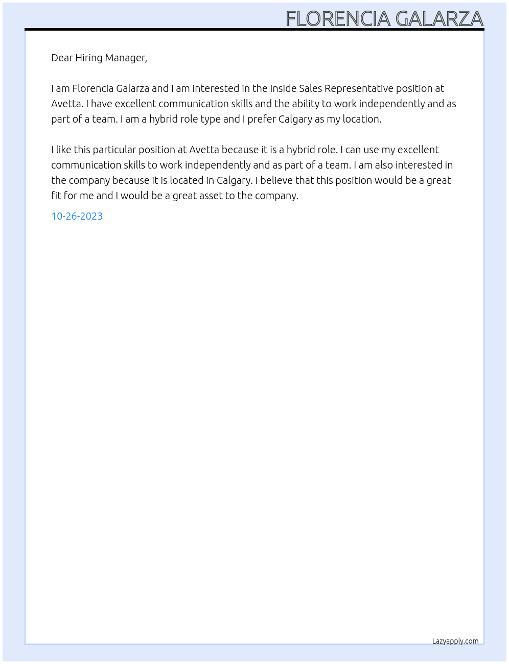 Inside Sales Representative At Avetta Cover Letter