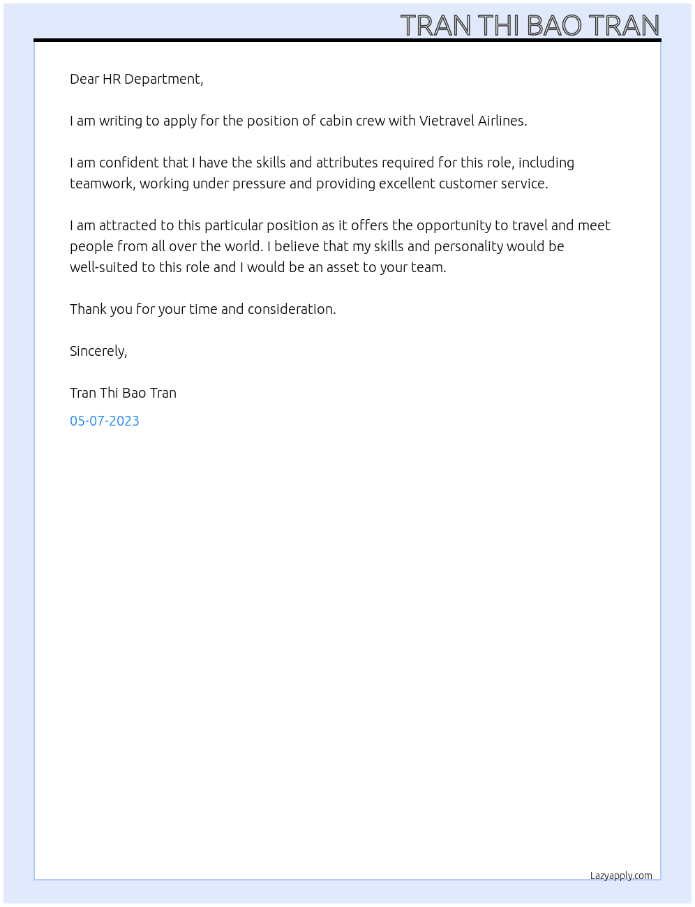 cabin crew At Vietravel Airlines Cover Letter