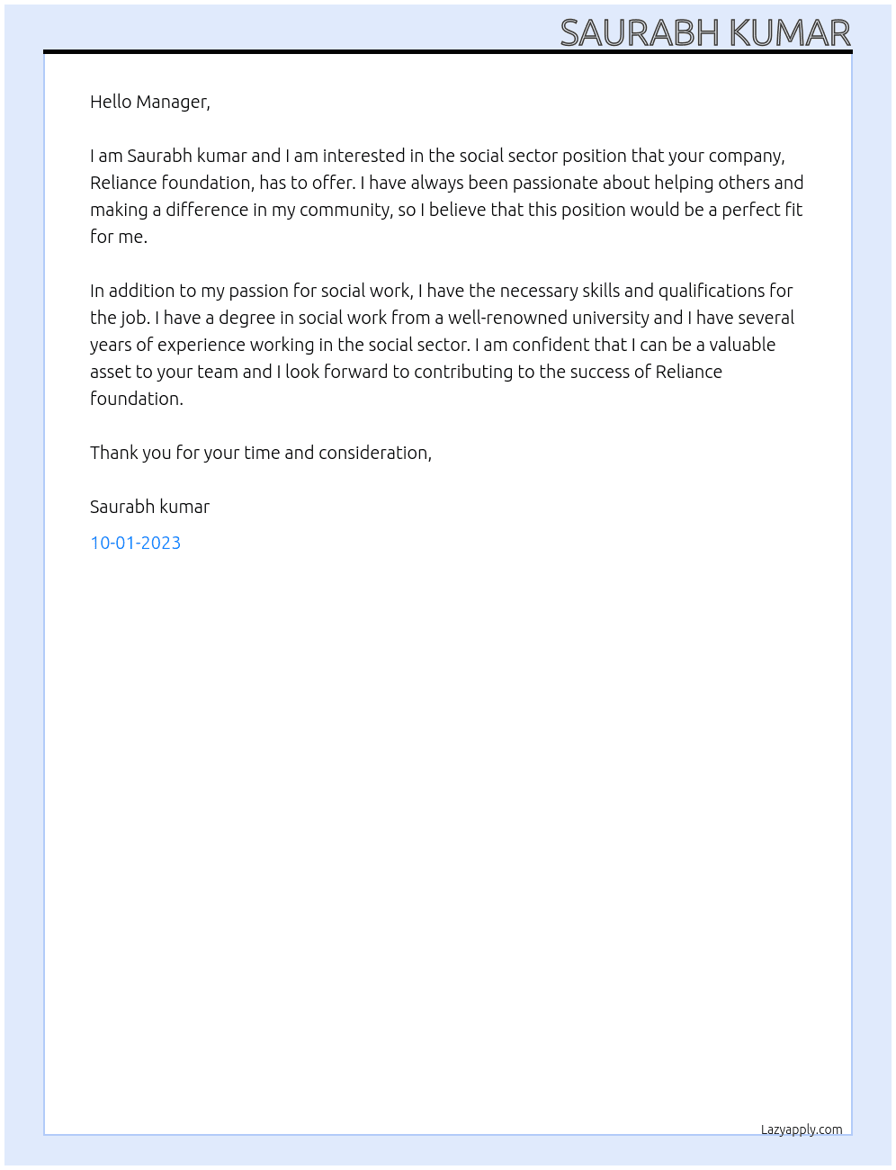 Social secotr At Reliance foundation  Cover Letter