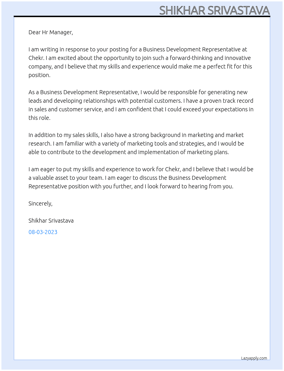 Business development representative  At Chekr Cover Letter