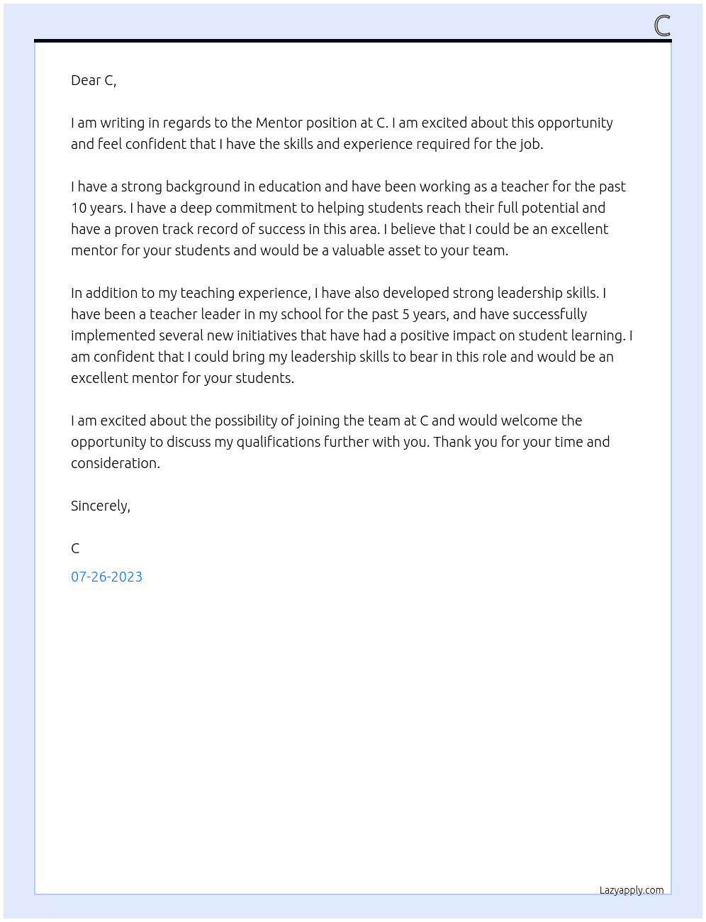 Mentor At C Cover Letter