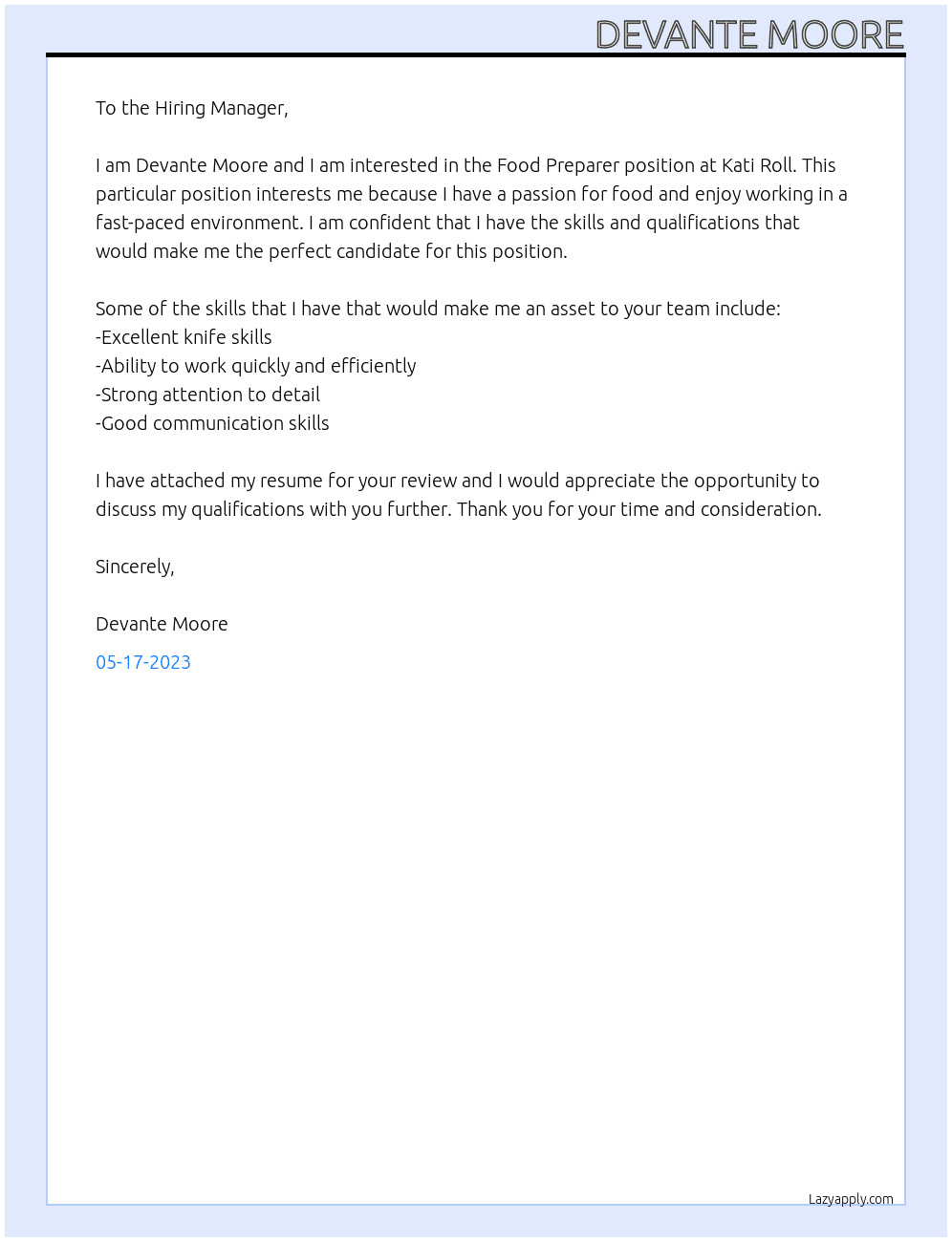 Food Preparer At Kati Roll Cover Letter