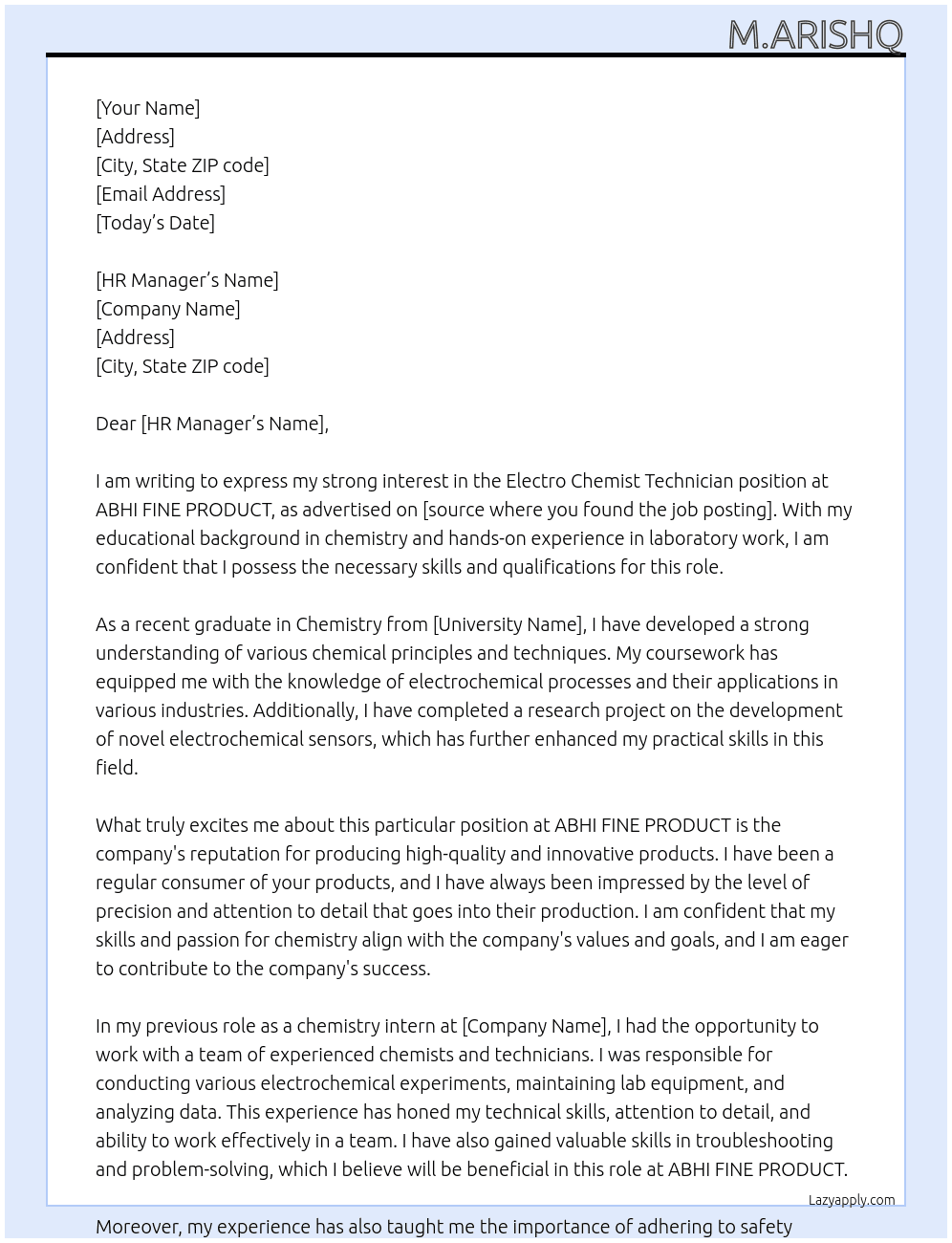 Electro chemist technician  At ABHI FINE PRODUCT  Cover Letter