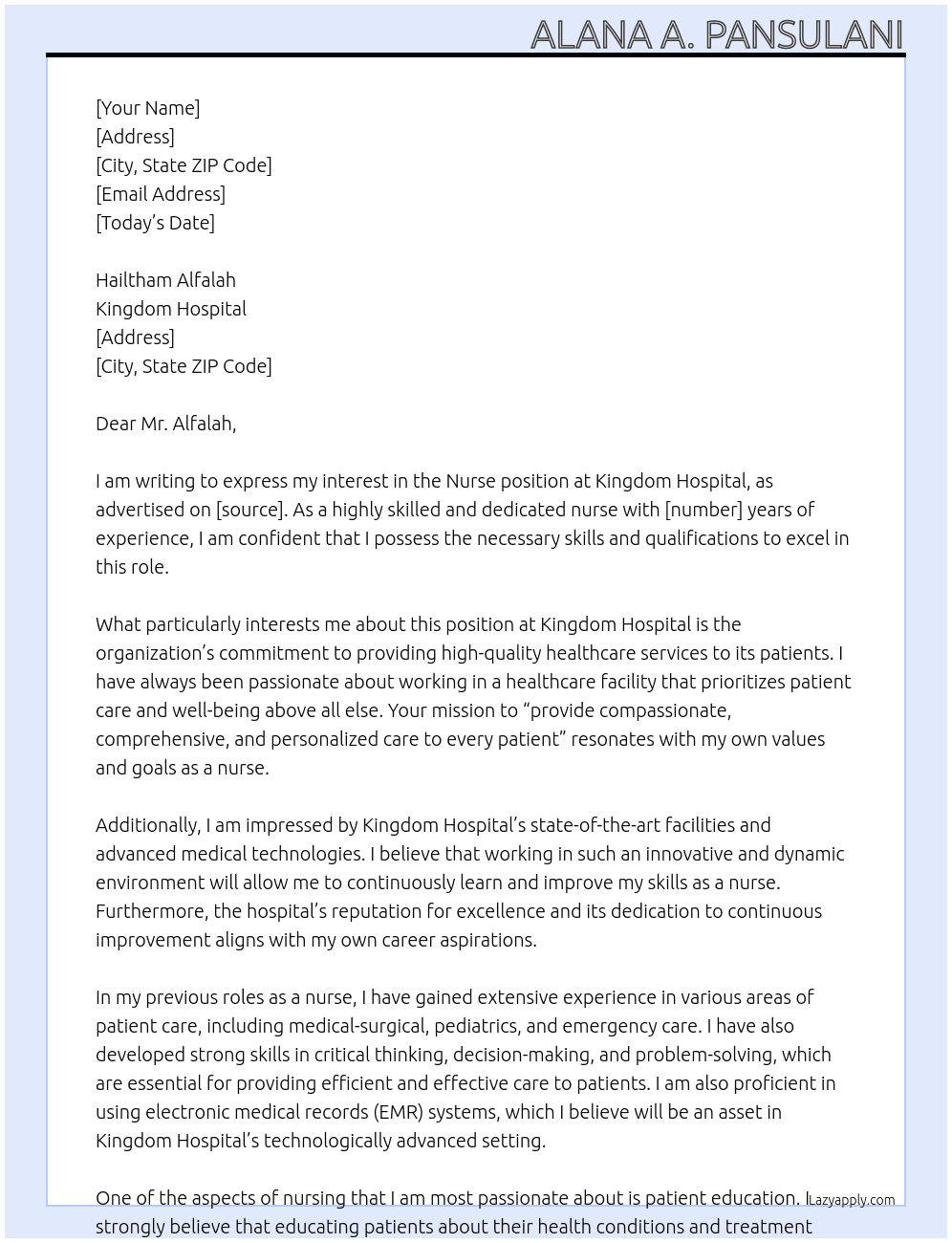 Nurse At Kingdom Hospital Cover Letter
