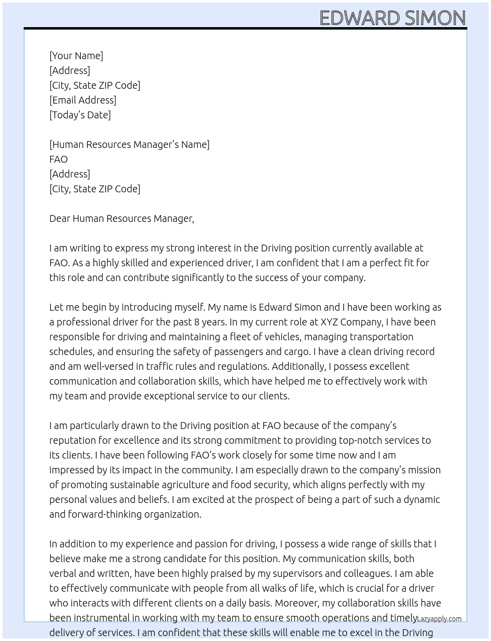 Driving At FAO Cover Letter