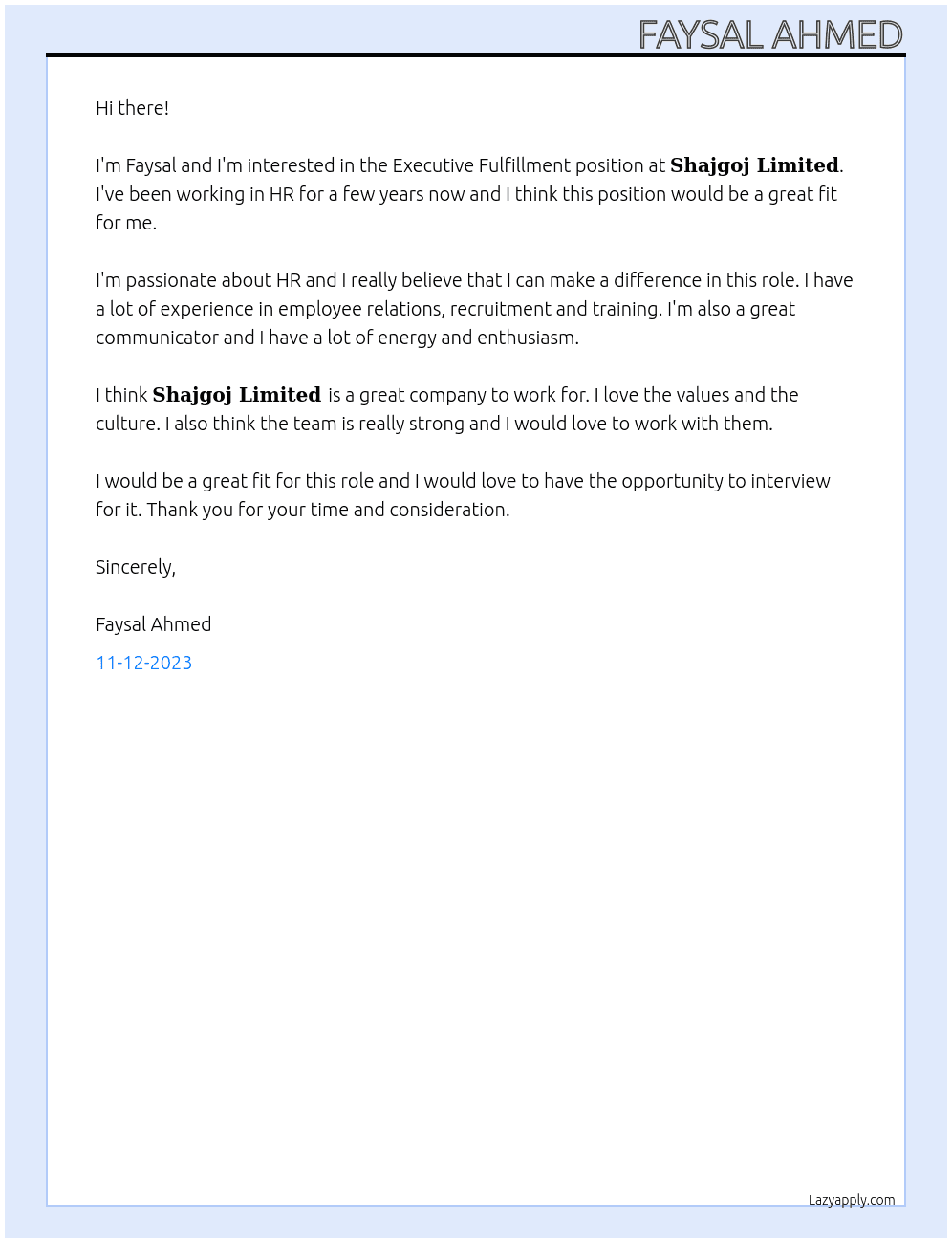 Executive Fulfillment  At 𝐒𝐡𝐚𝐣𝐠𝐨𝐣 𝐋𝐢𝐦𝐢𝐭𝐞𝐝 Cover Letter