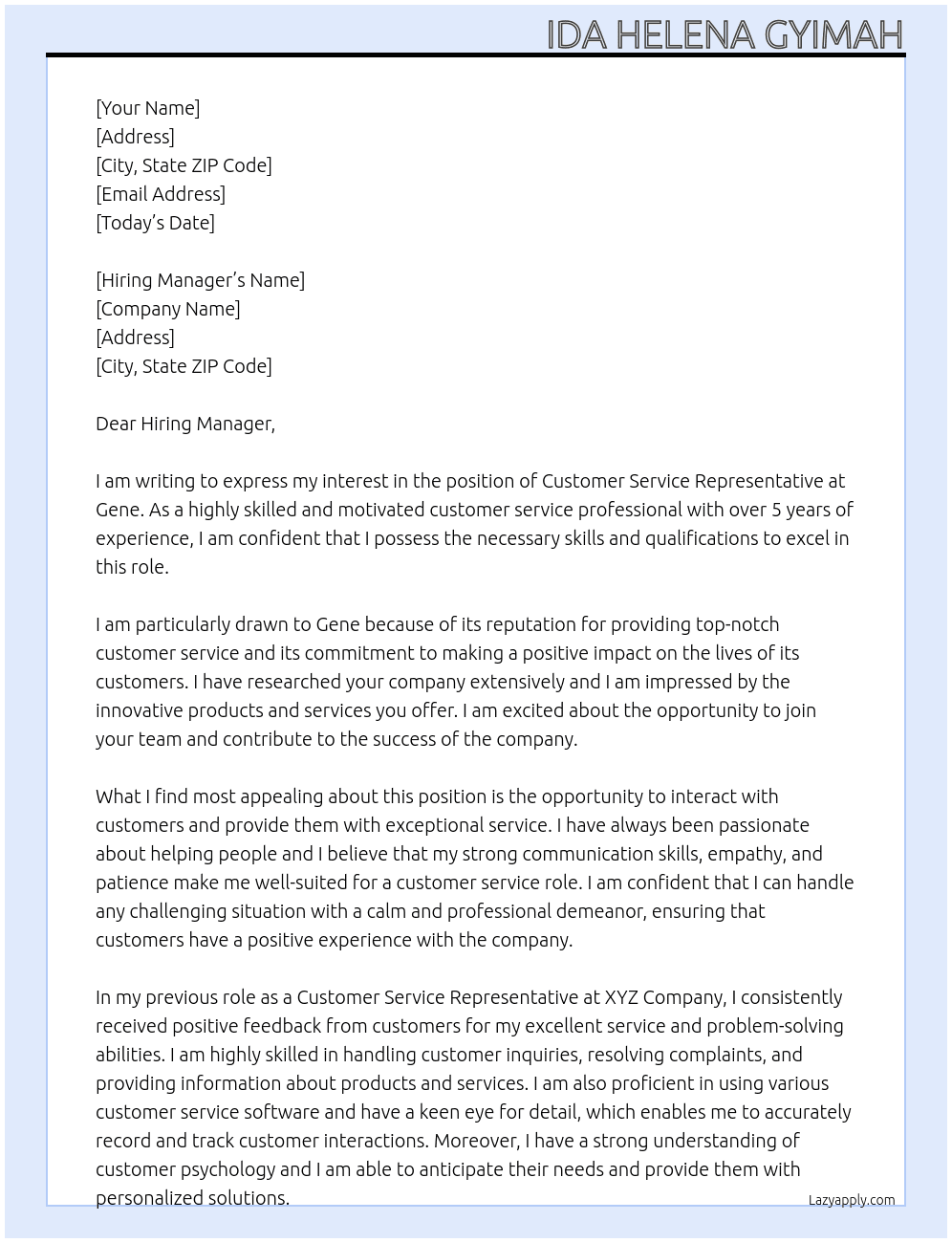Customer service representative At Gene Cover Letter