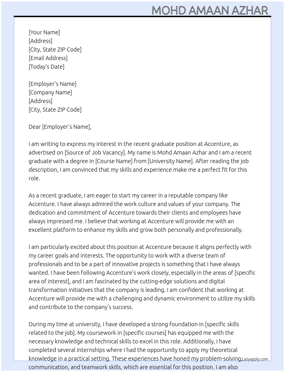 Recent graduate  At Accenture  Cover Letter