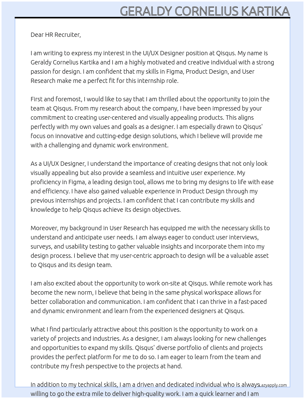 UI/UX Designer At Qisqus Cover Letter