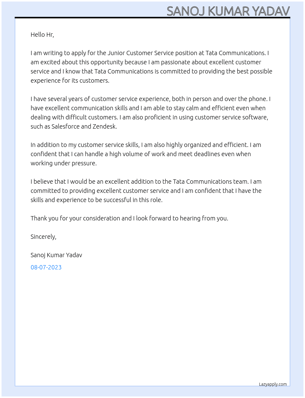 Junior s customer service At Tata communications  Cover Letter