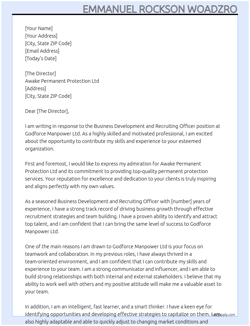 Business Development and Recruiting Officer At Godforce Manpower Ltd Cover Letter