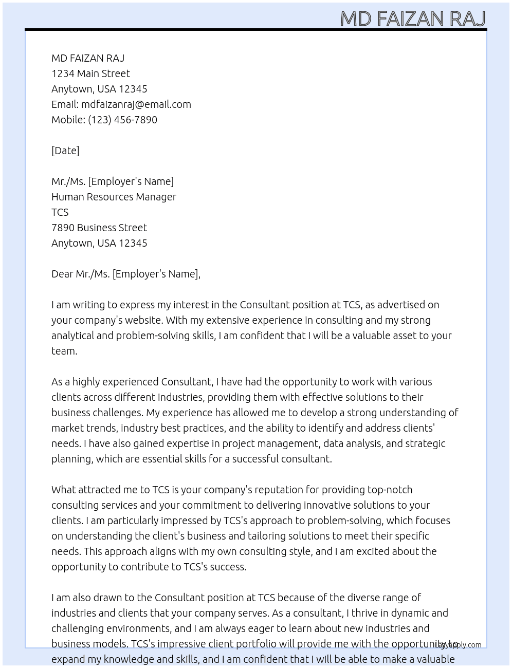 Consultant  At TCS Cover Letter
