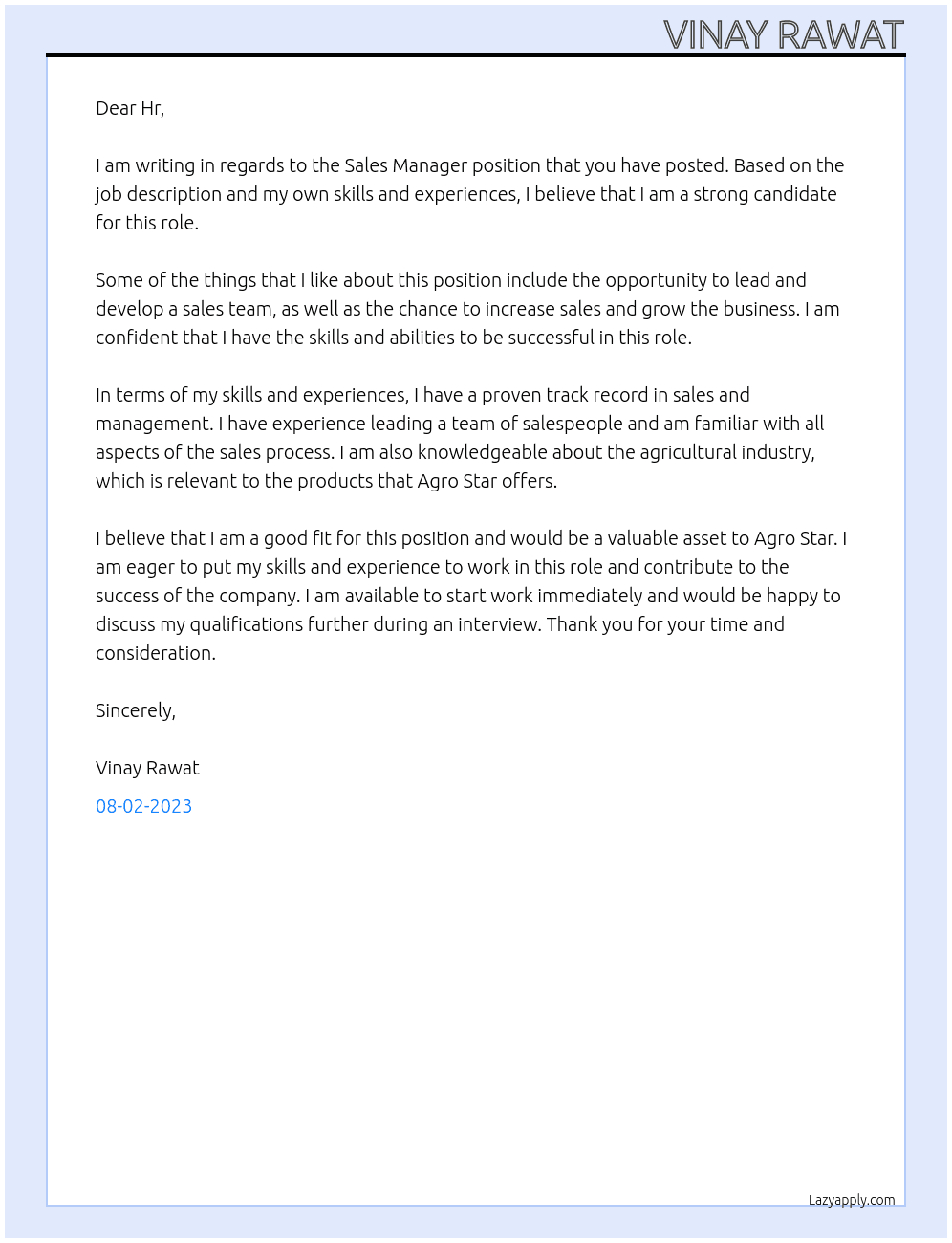Sales Manager  At Agro Star Cover Letter