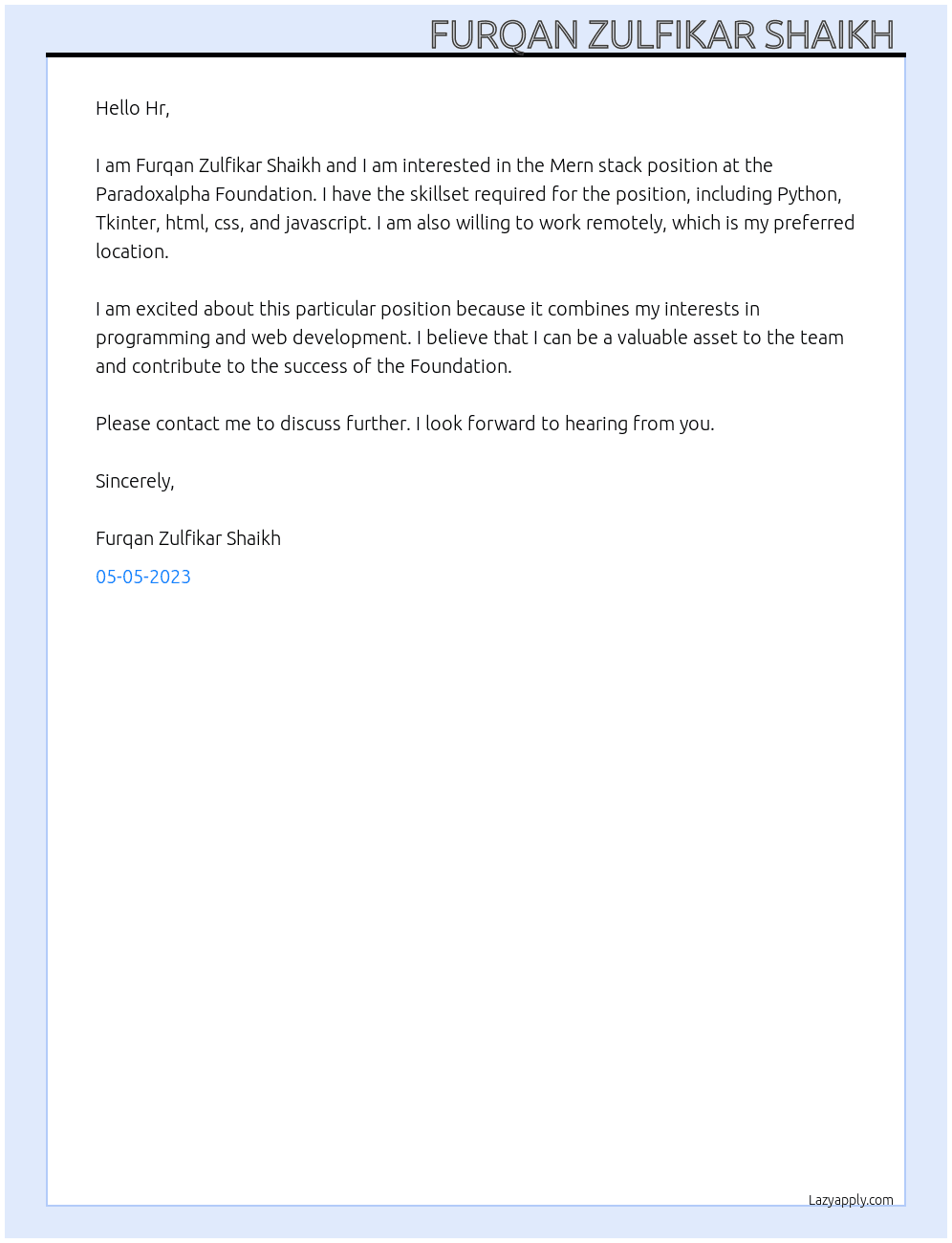 Mern stack At Paradoxalpha Foundation  Cover Letter