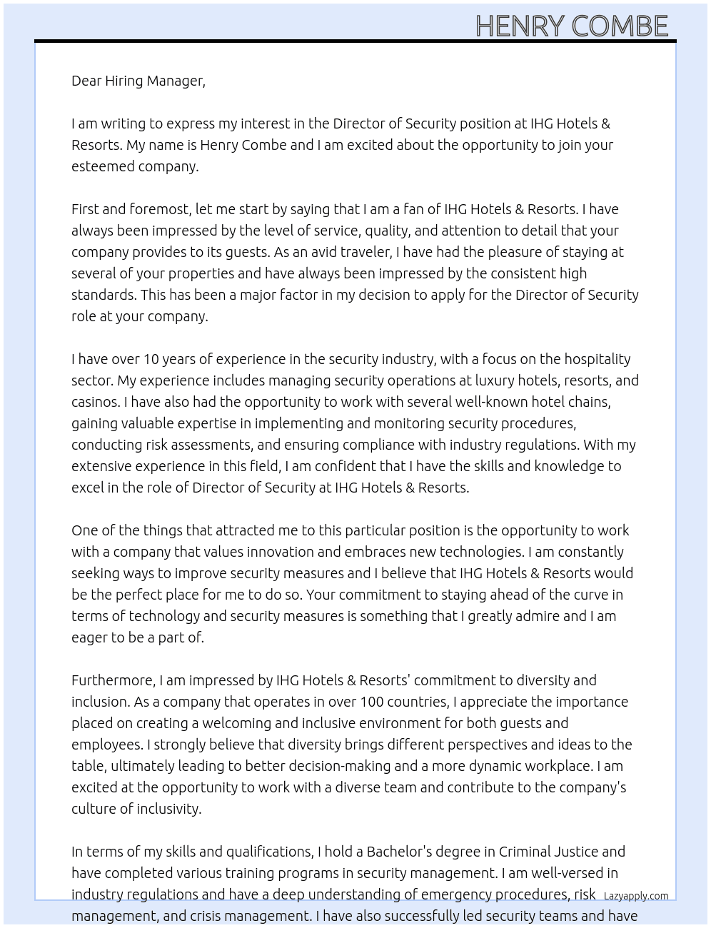 Director of Security  At IHG Hotles & Resorts  Cover Letter