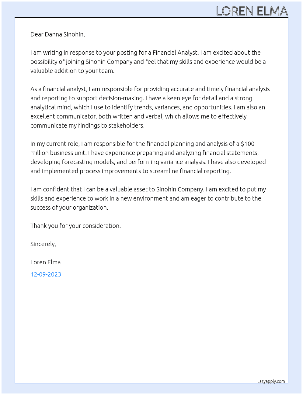 Financial Analyst At Sinohin Company Cover Letter