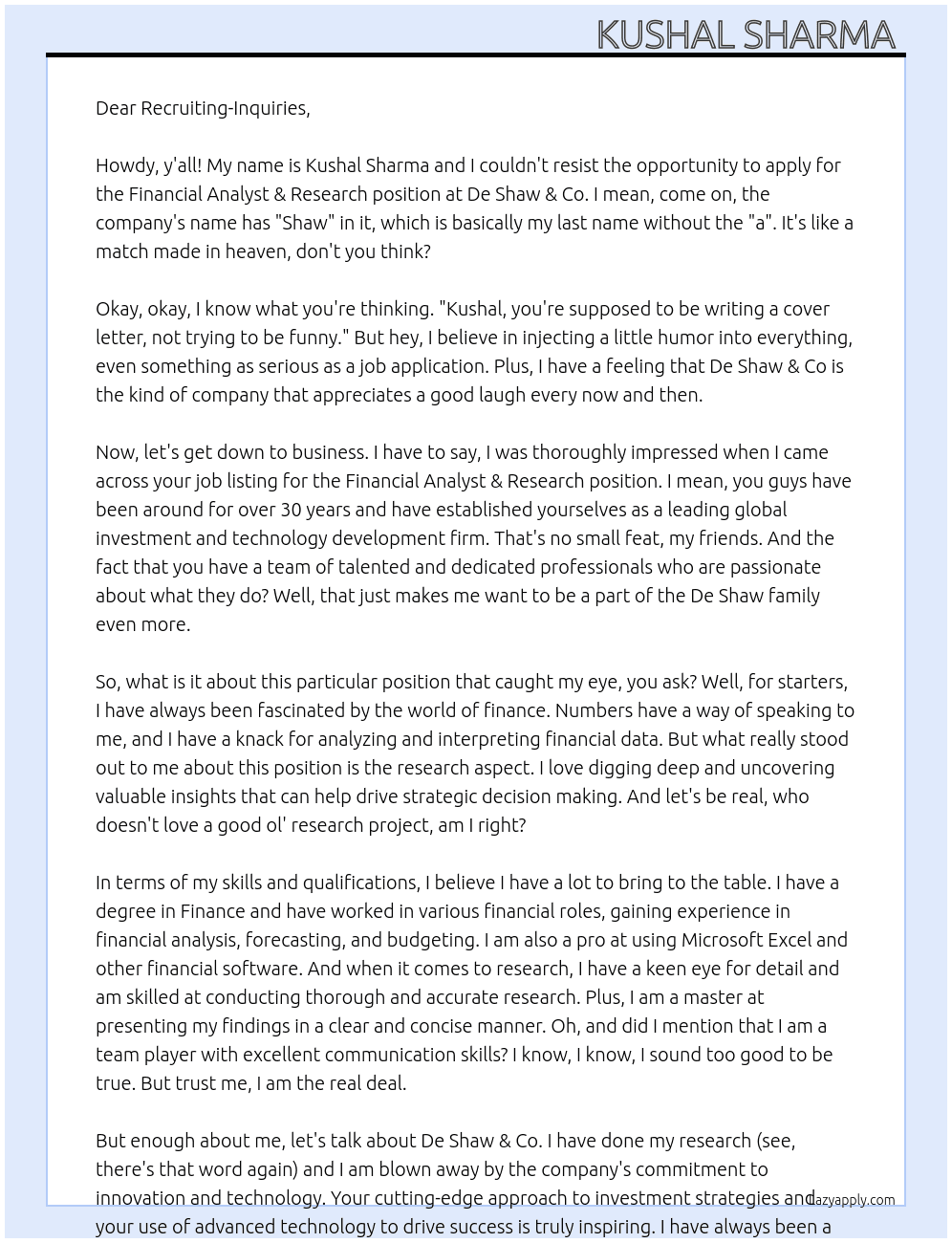 Financial analyst & research  At De Shaw & Co Cover Letter