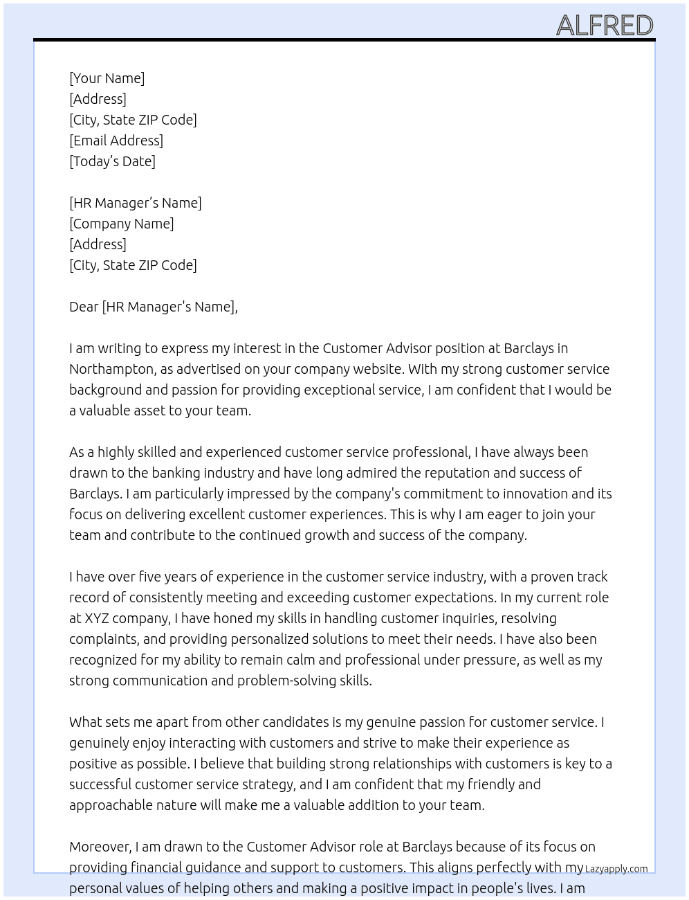 Customer Advisor  At Barclays Cover Letter