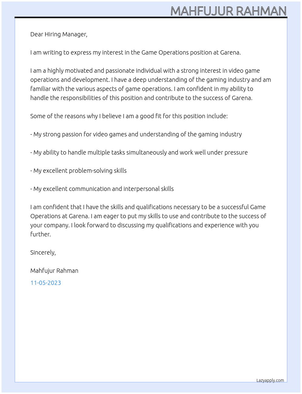 Game Operations At Garena Cover Letter