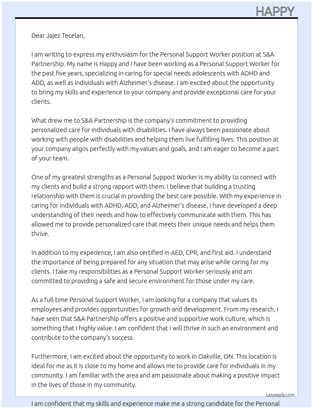 Personal support worker  At S&A Partnership Cover Letter