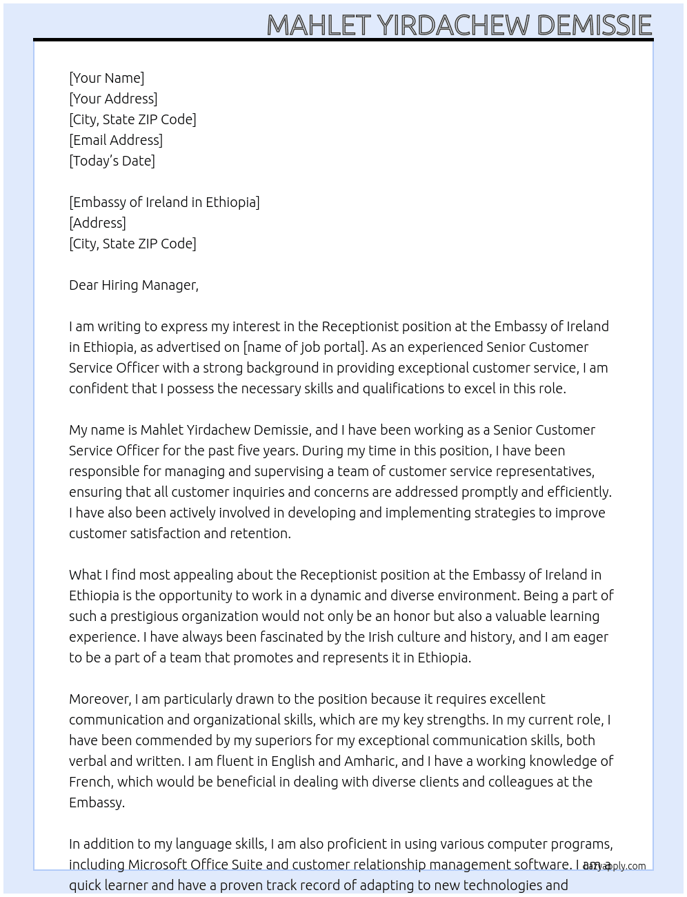 Receptionist At Embassy of Ireland in Ethiopia Cover Letter