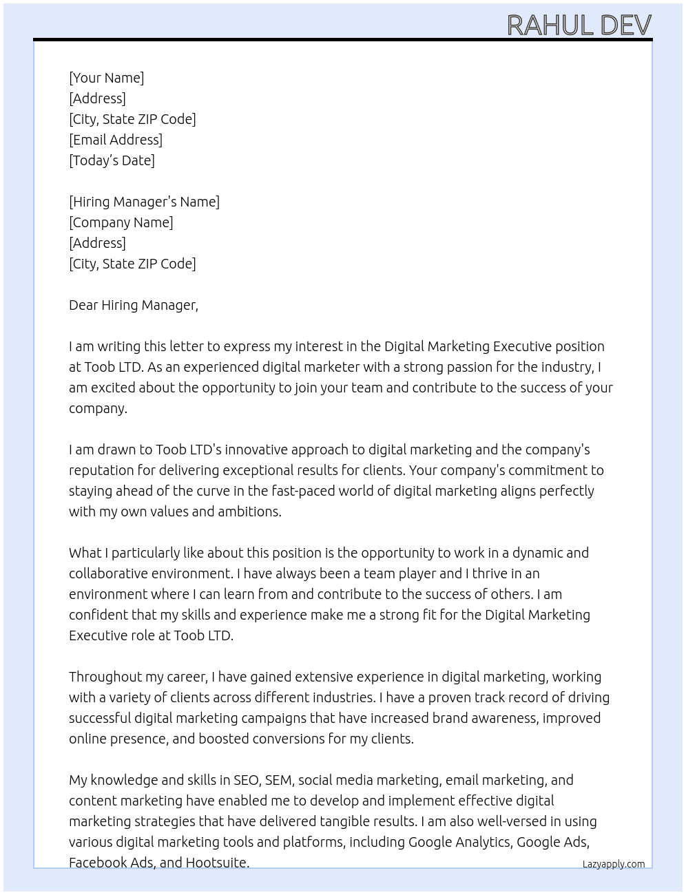 Digital marketing Executive At Toob LTD Cover Letter