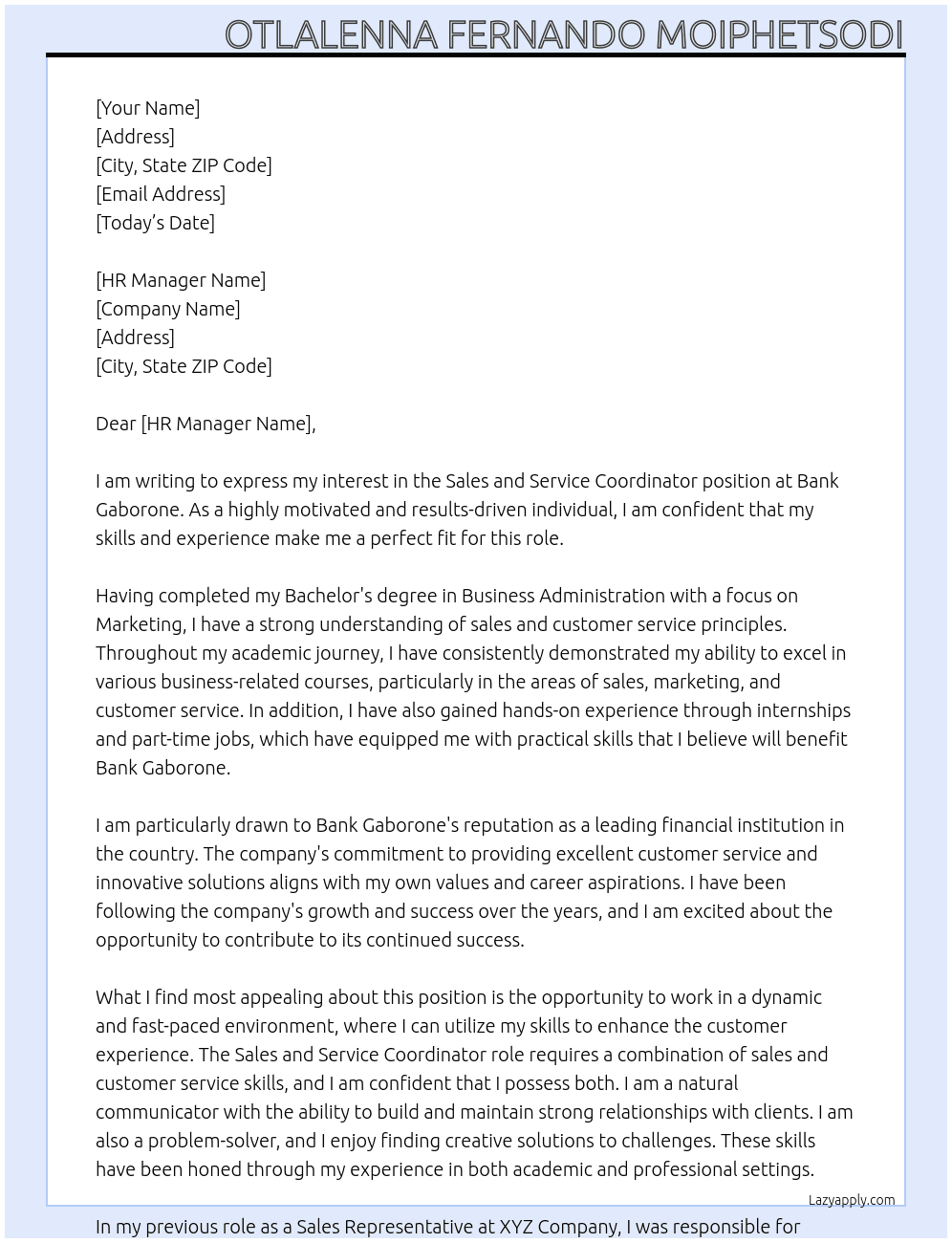 sales and service coordinator At Bank Gaborone Cover Letter