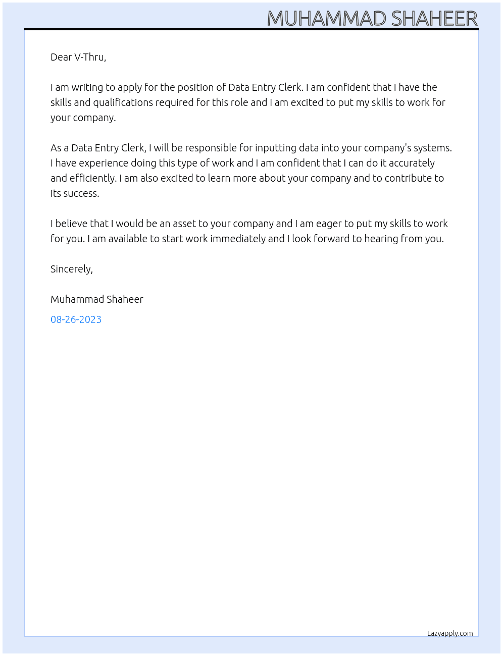 Data Entry Clerk At V-Thru Cover Letter