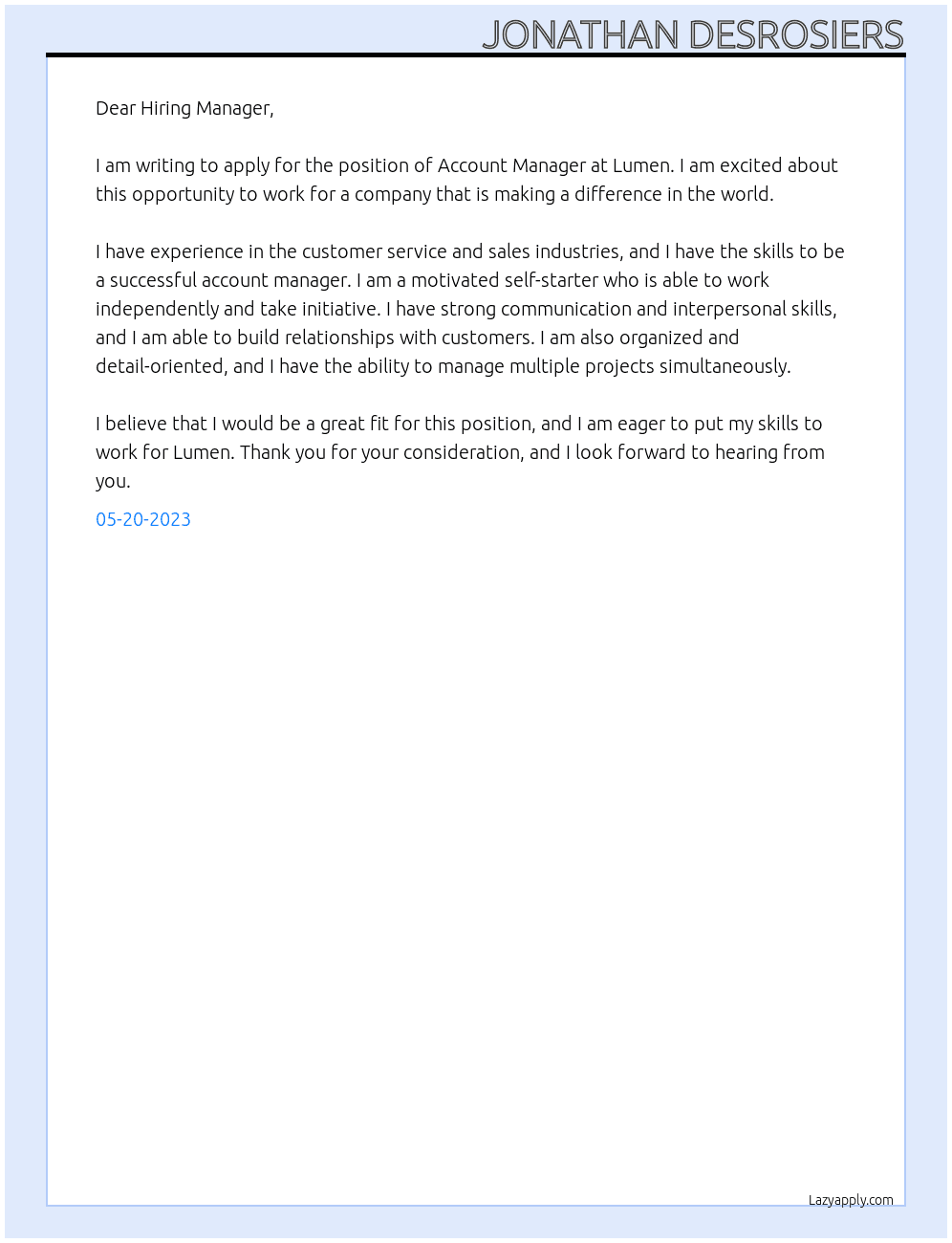 Account Manager At Lumen Cover Letter