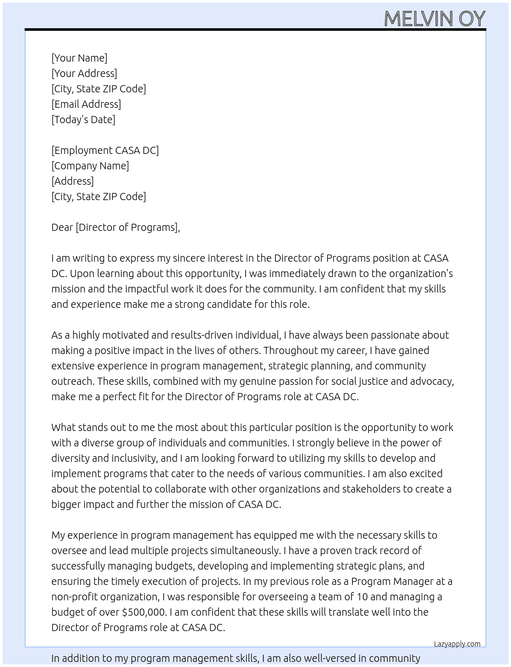 Director of Programs At CASA DC Cover Letter