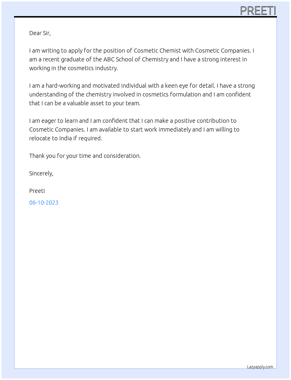 Cosmetic chemist At Cosmetic companies Cover Letter