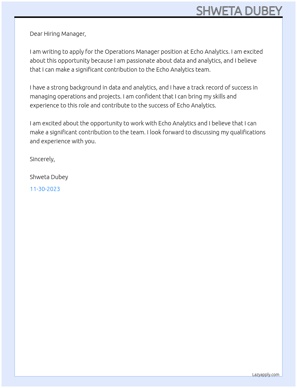 Operations Manager At Echo Analytics Cover Letter