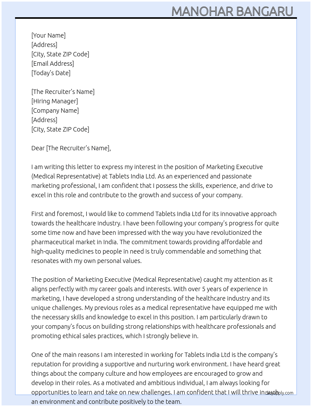 Marketing executive (medical representative) At Tablets India Ltd  Cover Letter