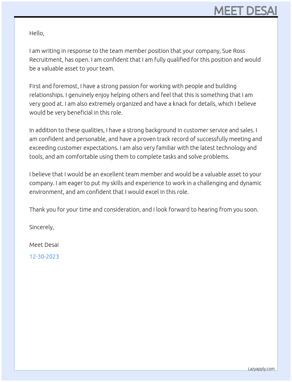 Team member At Sue Ross Recruitment  Cover Letter