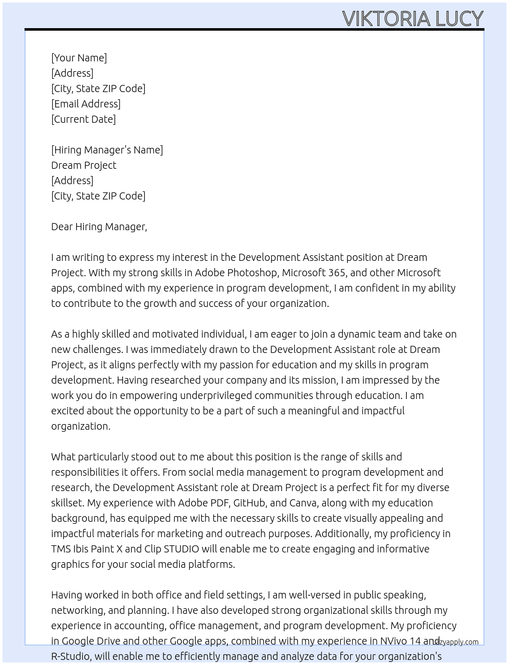 Development Assistant At Dream Project Cover Letter