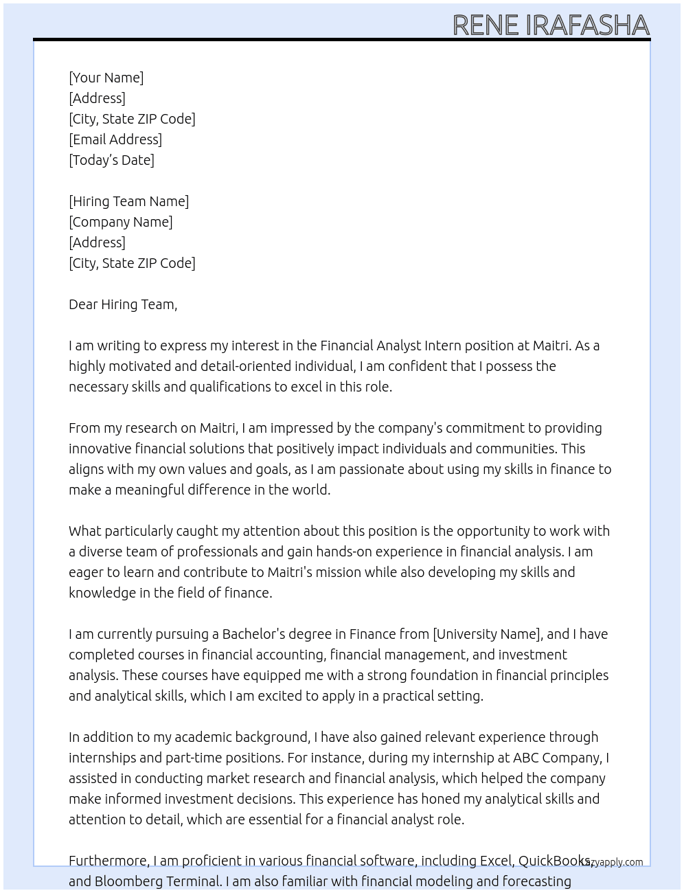 Financial analyst intern At Maitri Cover Letter
