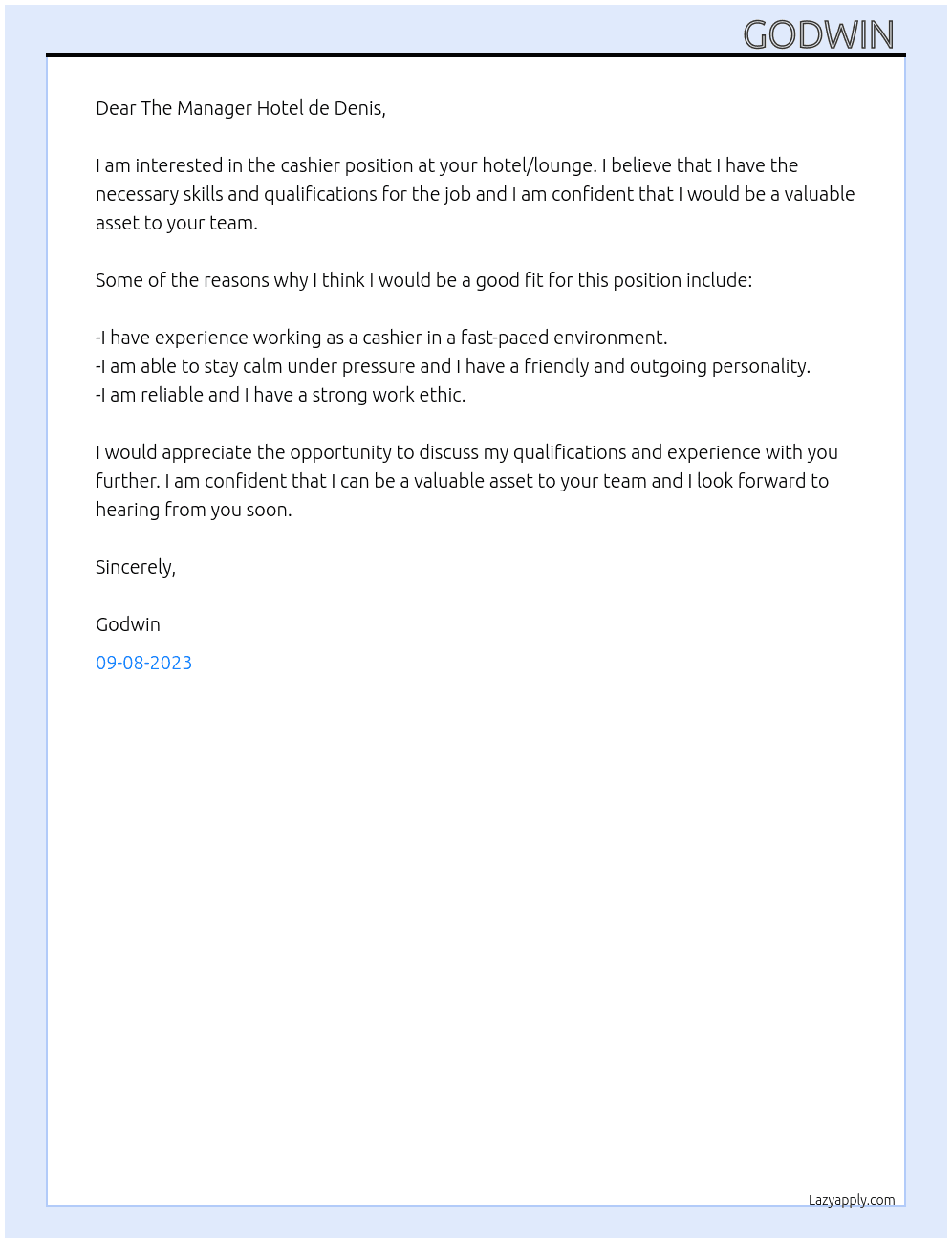 Cashier  At Hotel de Denis/Skj lounge  Cover Letter