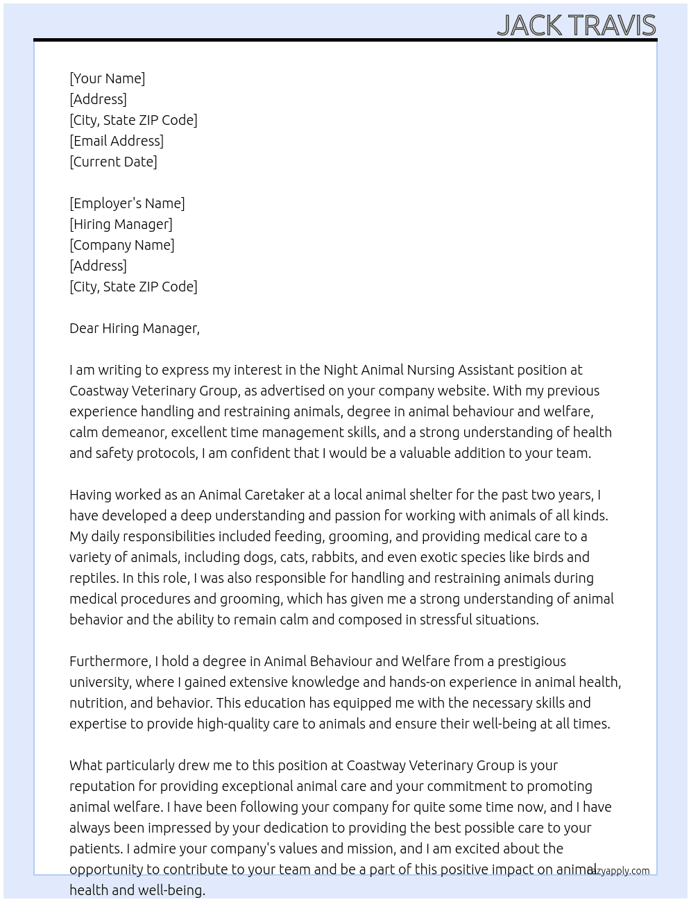 Night Animal Nursing Assistant  At Coastway Veterinary Group Cover Letter