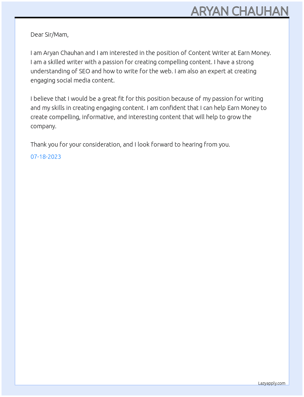 Content Writer At Earn Money Cover Letter