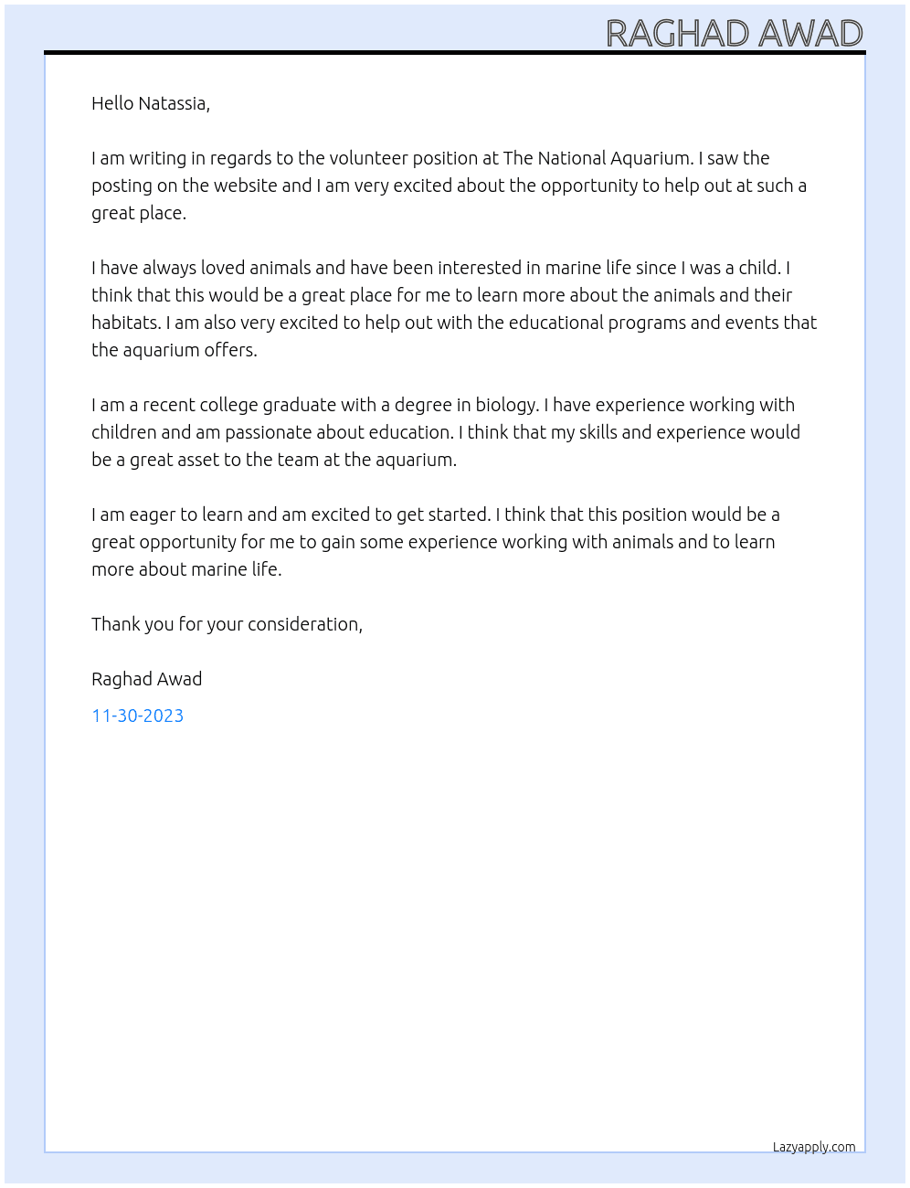 Volunteer At The national aquarium  Cover Letter