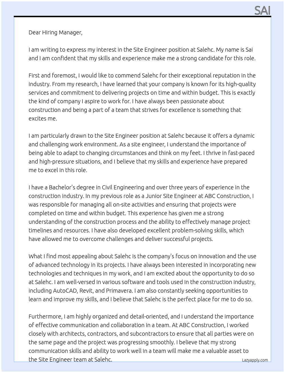 site engineer At salehc Cover Letter