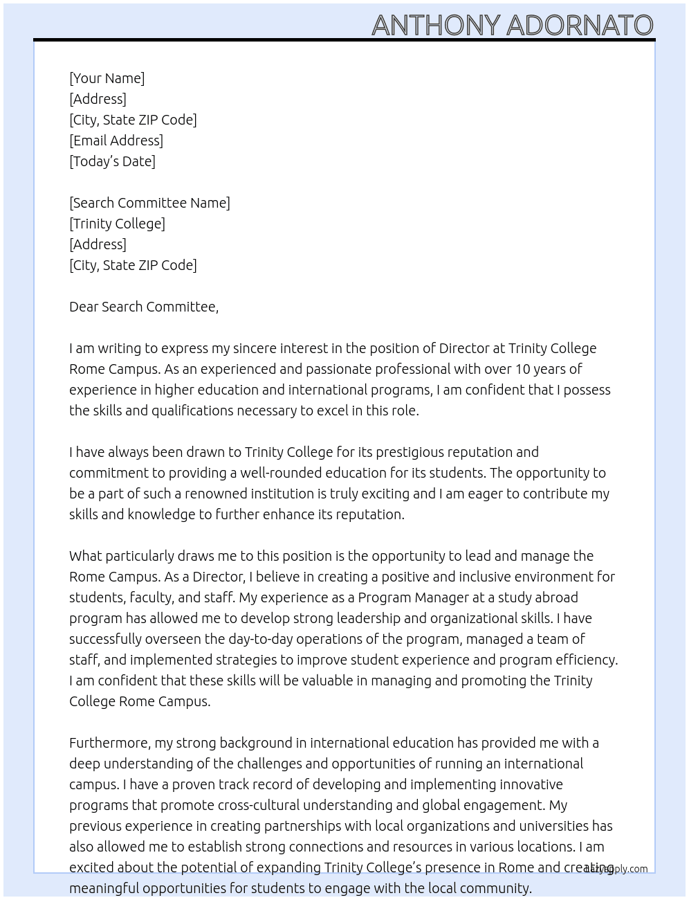 Director, Trinity College Rome Campus At Trinity College Cover Letter