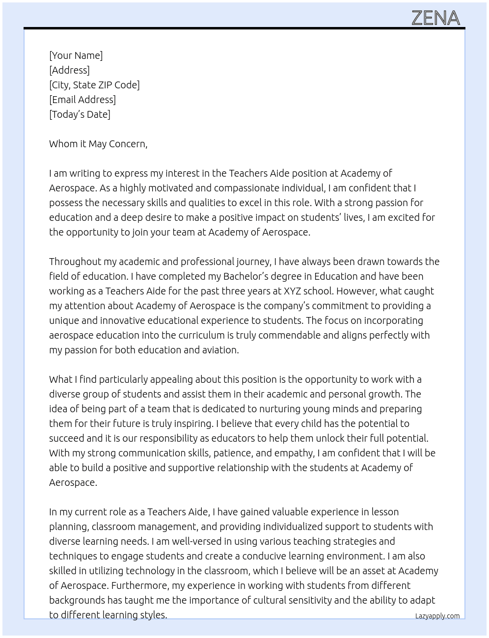 Teachers Aide  At Academy Of Aerospace  Cover Letter