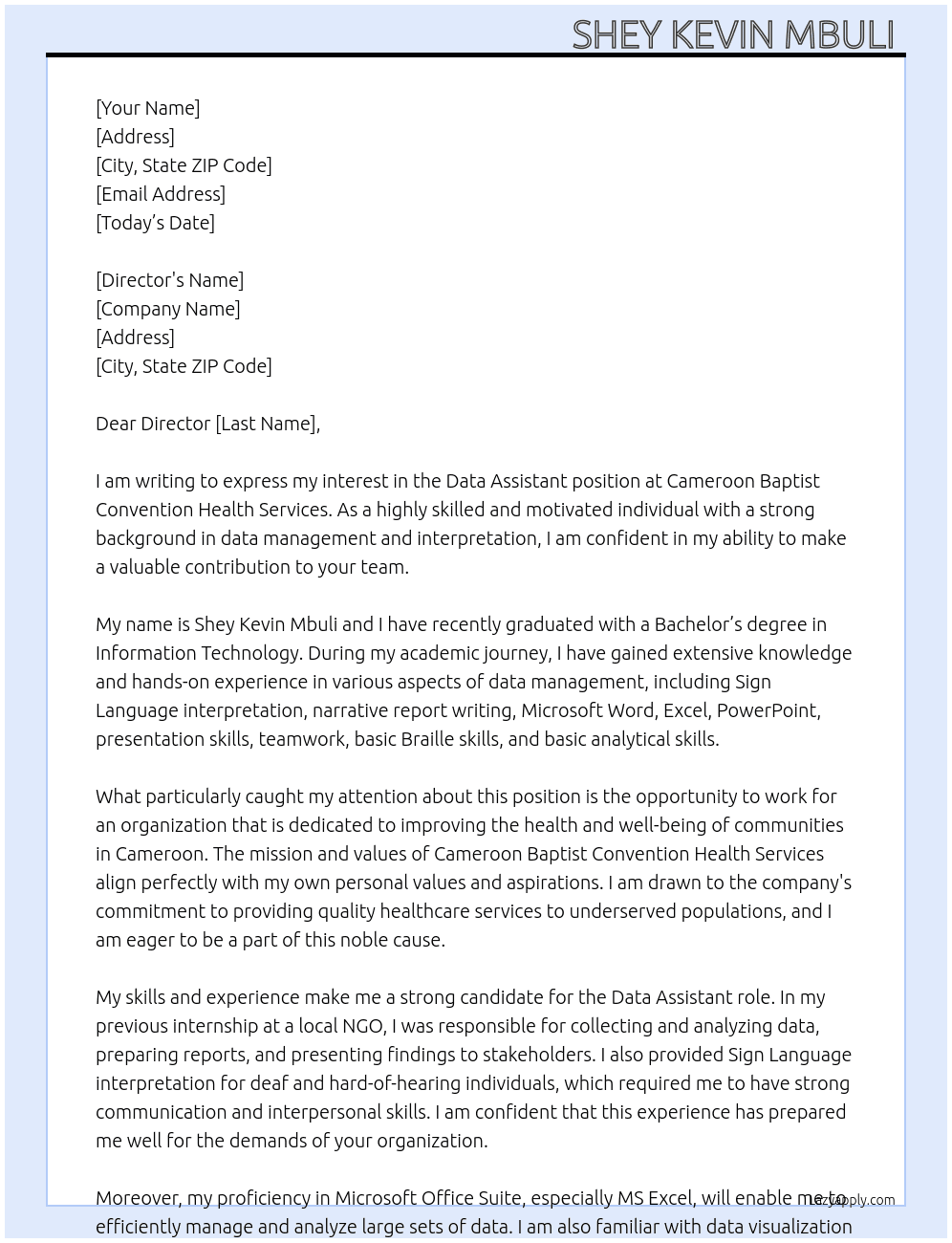 Data assistant  At Cameroon Baptist convention health services  Cover Letter